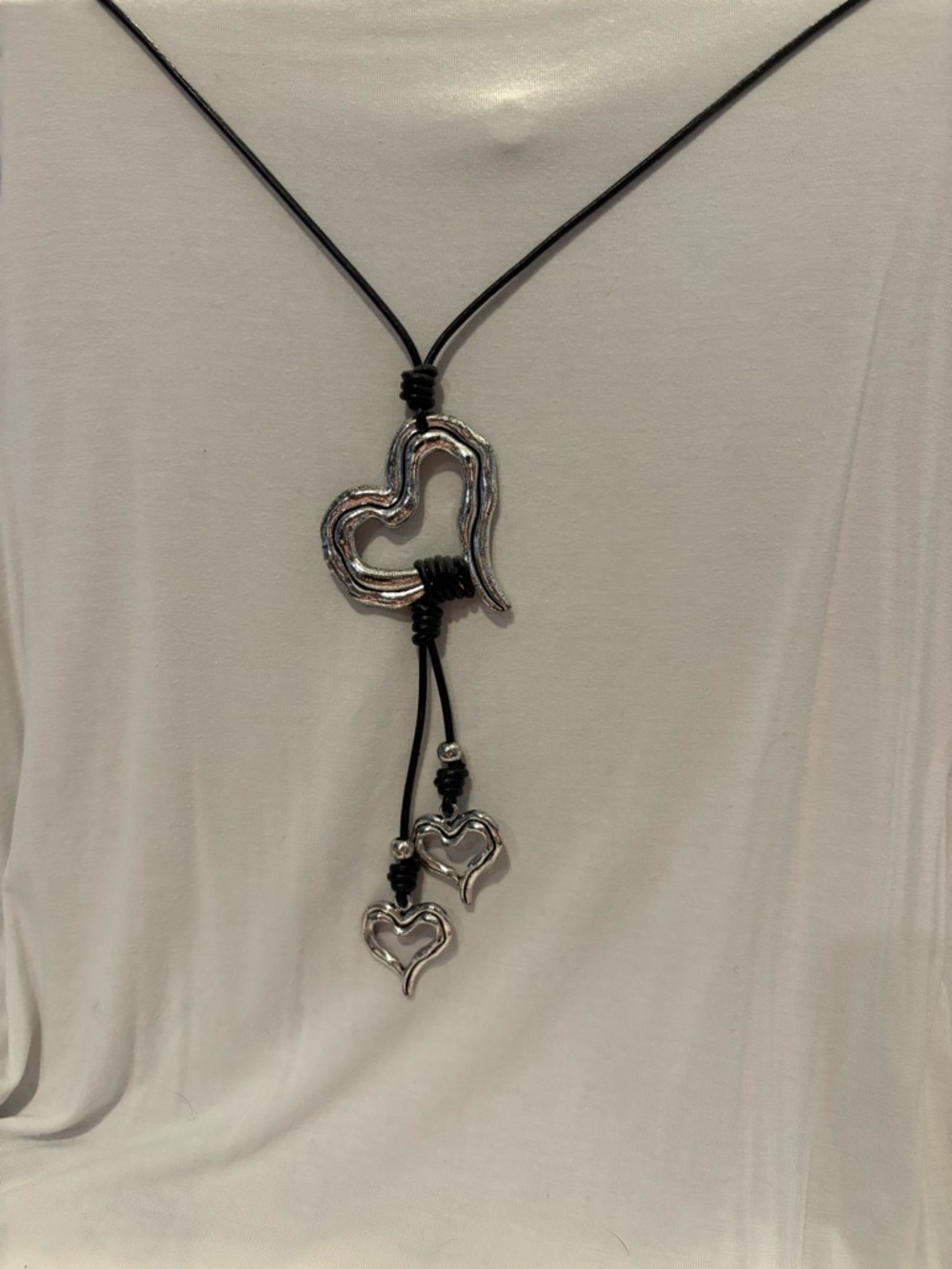 Silver Heart Pendant Lariat Necklace in Black Cord